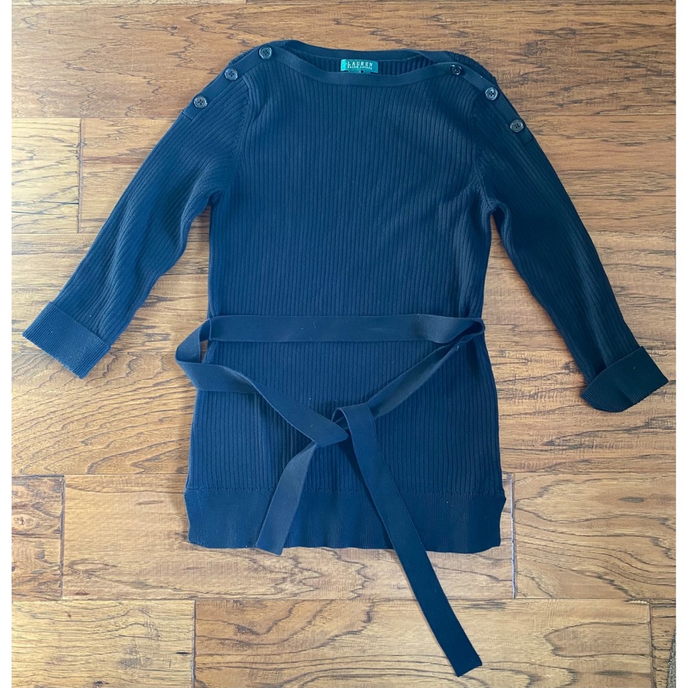 Lauren Ralph Lauren Black Ribbed Cotton Tunic Sweater Button Shoulder Belted L‎